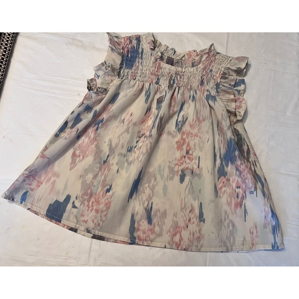 Hayden Girls Smocked Ruffle shirt Abstract Floral Print Blue Pink Size S